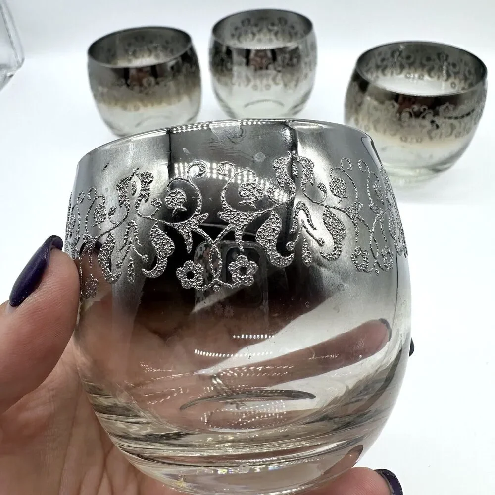 MCM Silver Fade Raised Luster Lace Dorothy Thorpe Lowball Whiskey Glasses